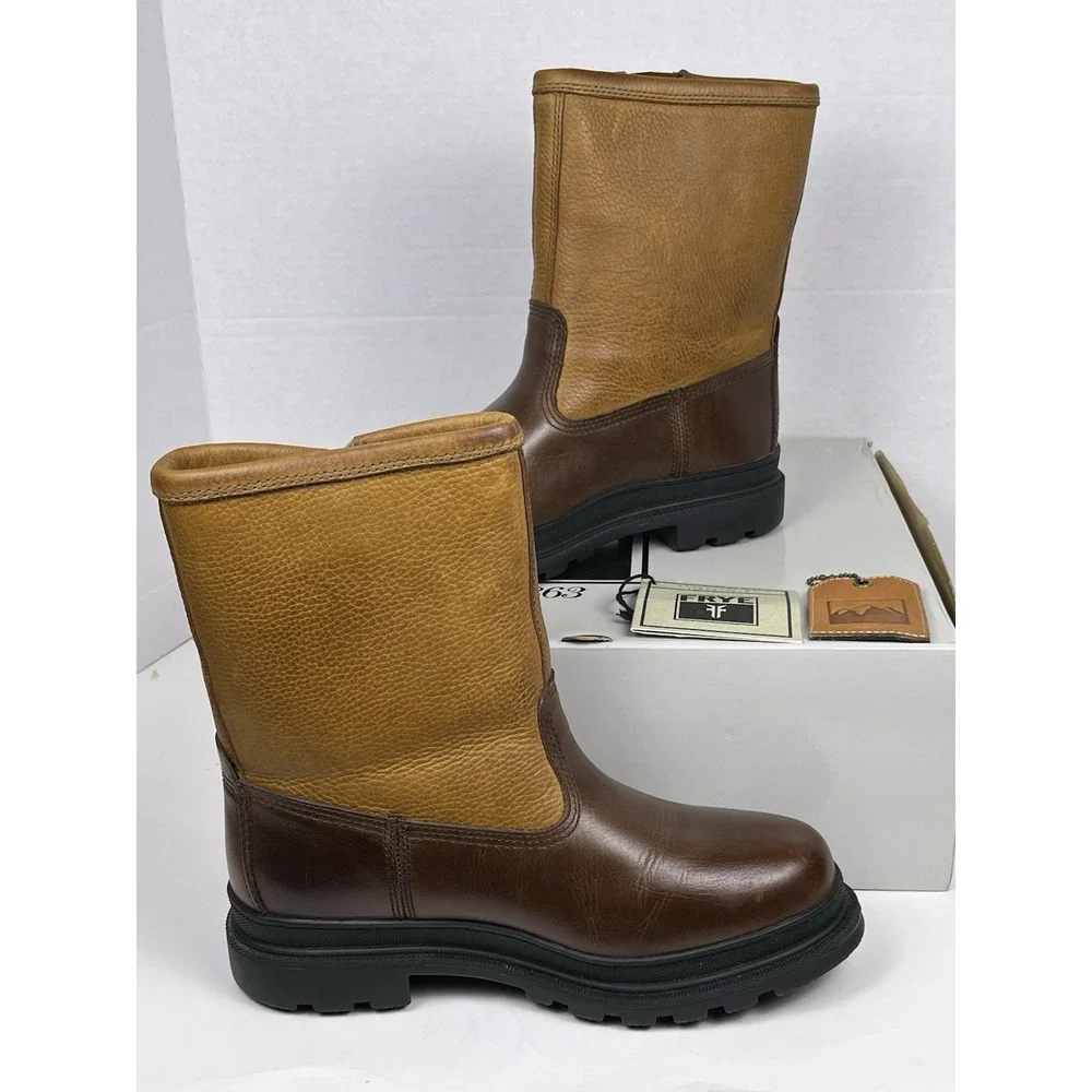 Frye Riley Pull-On Boots Mens 7.5 Espresso Leather Shearling Lined Lug‎ Sole NEW